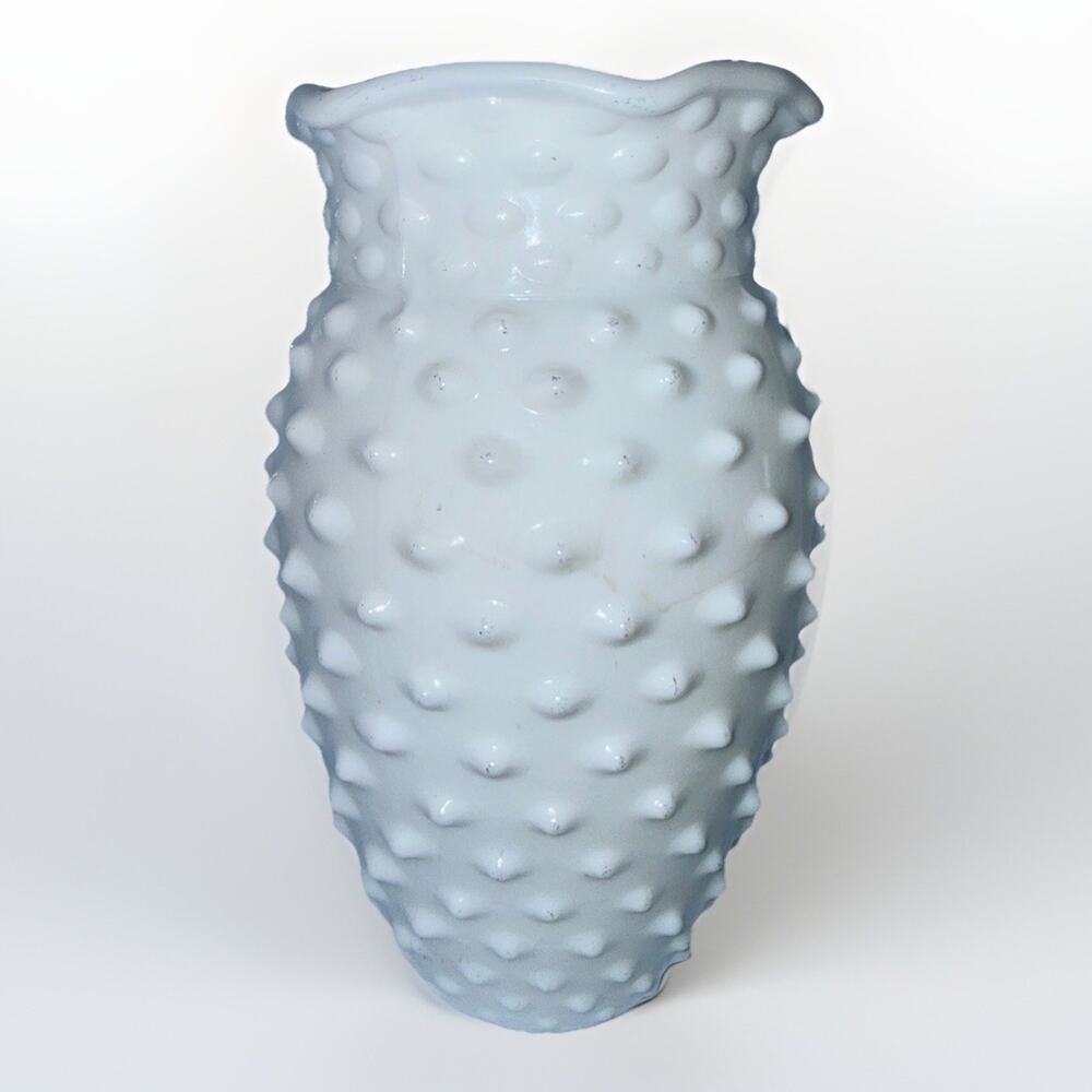 Vintage LE Smith White Milk Glass Hobnail Vase 8" tall Ruffled Rim MCM